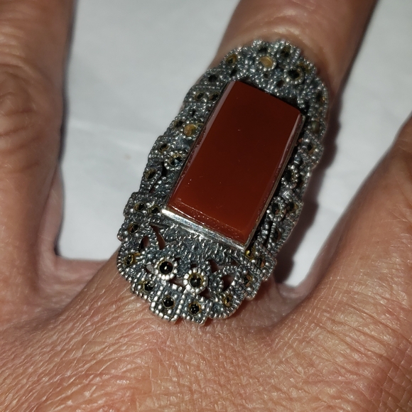 Old Silver 925 Jewelry Set,Carnelian Stone,Marcasite.Ring Size8. - Picture 3 of 10